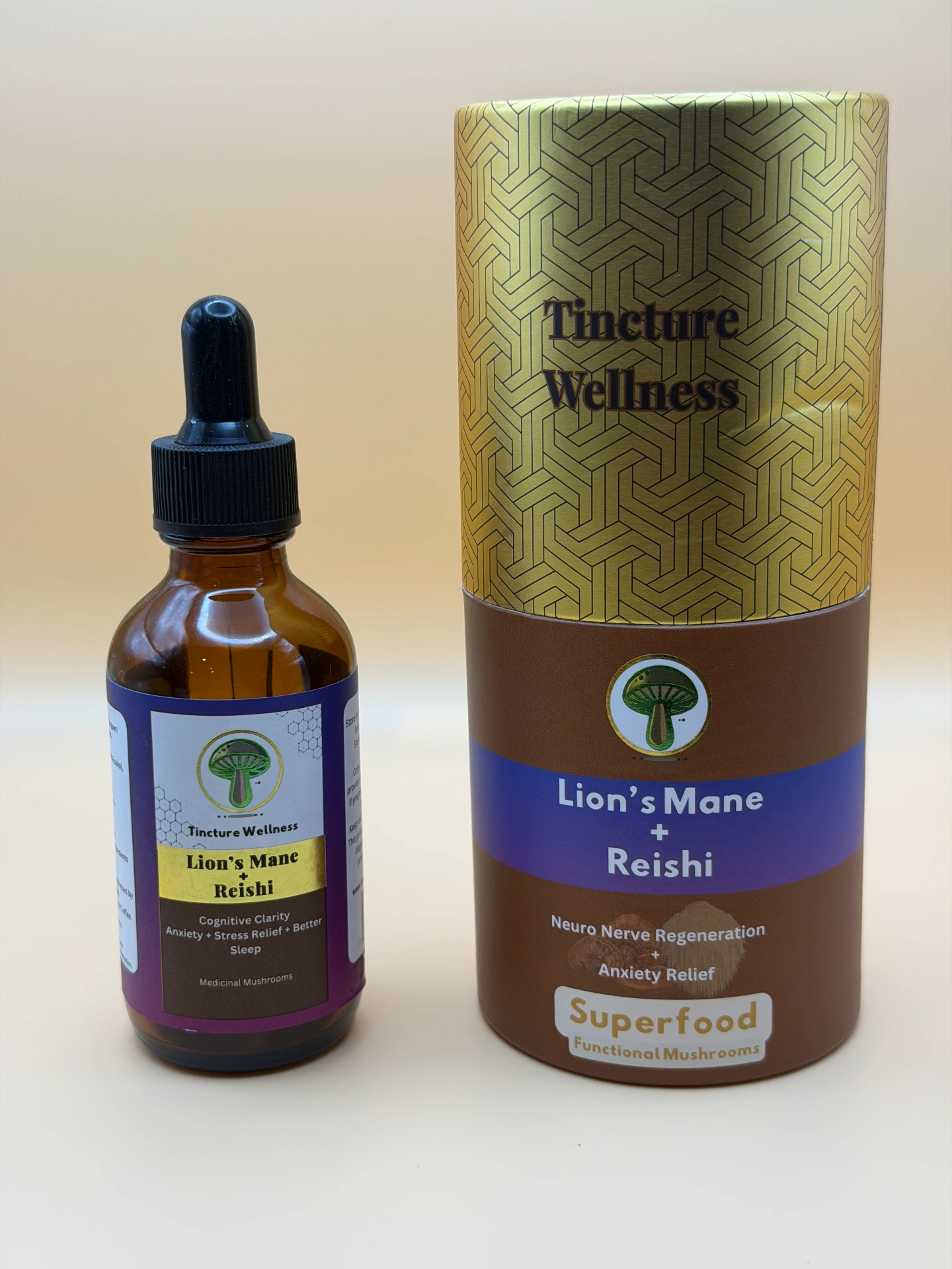 Lion's Mane + Reishi mushroom tincture bottle, 2 fl oz